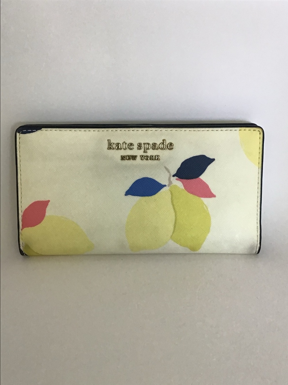 kate spade Cream Lemon Print Continental Wallet with Yellow, Navy & Pink Accents